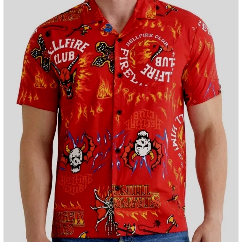 Stranger Things Hellfire Club Men's XL - Hawaiian Camp Shirt Short Sleeve Cotton